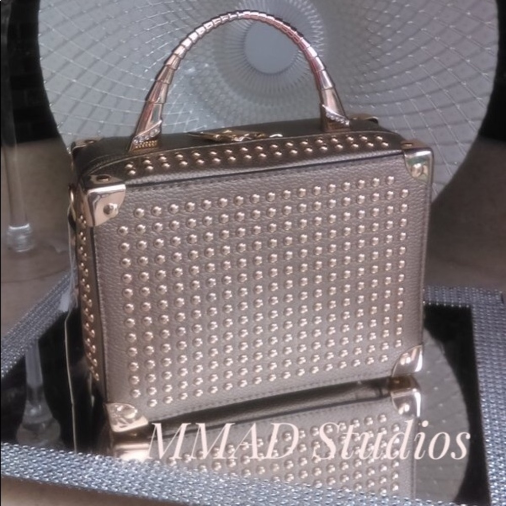 New Gold Studded Pewter Handbag With Gold Zipper.